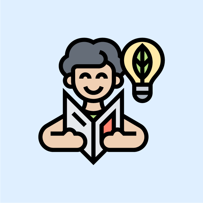 Smiling child reading a book with a glowing lightbulb, symbolizing nature-inspired learning for early minds.